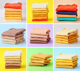 Collage of stacked clean baby clothes on color background
