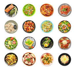 Set of plates with tasty food on white background