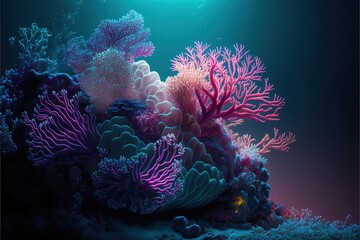 Fototapeta na wymiar Underwater world, corals in the depths of the ocean. Sea flowers, underwater deep flora and fauna. Colorful neon corals. AI