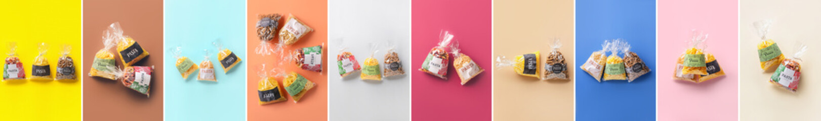Group of raw pasta in plastic bags on color background