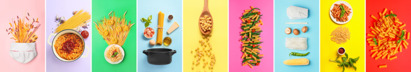 Collection of different pasta with fresh products on color background