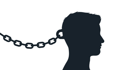Head of a man chained to wall with heavy chain