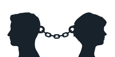 Chained couple heads - man and woman codependency