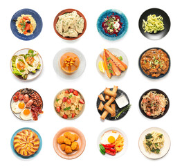 Group of plates with tasty dishes on white background