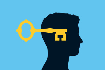 Key unlocking male head - concept of open mind