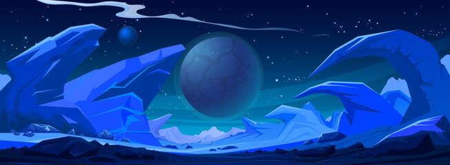 Hand drawn vector space landscape with planets at night.