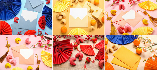 Collage of beautiful envelopes with Chinese fans and fortune cookies on color background