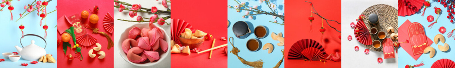 Set of beautiful Chinese symbols on color background