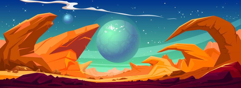 Hand drawn vector space landscape with planets drawn by hand.