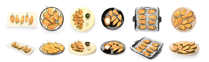 Collage of delicious jalapeno poppers on white background