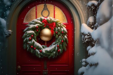 Snowy Christmas wreath with golden red silver green balls on a door and golden ribbons, covered by snow