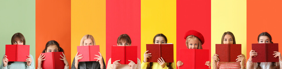 Collage of different people reading red books on color background