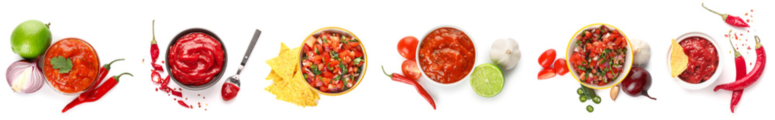Collage of bowls with tasty salsa sauces and nachos on white background