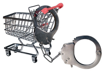 Metal handcuffs attached to a shopping basket in a supermarket. Isolated background.