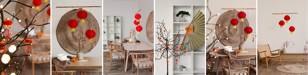 Collage of stylish interiors with beautiful decor for Chinese New Year celebration