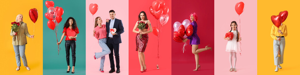 Obraz na płótnie Canvas Set of people with heart-shaped balloons and gifts for Valentine's Day on color background