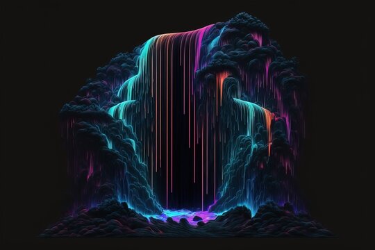 The cascading neon lines in this image add a futuristic and dynamic touch to the design. The lines seem to flow and dance as they fall down the dark background. Generative AI