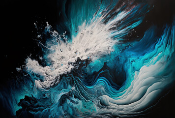Acrylic paints used to create a fluid art backdrop with black, white, and dancing smoke jets. explosion in the ocean, space, and the ocean below. Generative AI