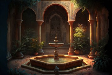 Fototapeta na wymiar East patio exterior with beautiful stone traditional fountain. Various oriental plants on the walls of the architecture, the atmosphere of the east. Arab antique architecture. AI