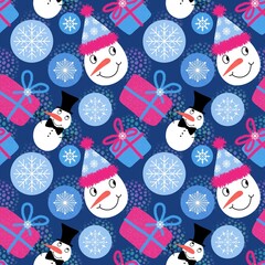 Winter seamless snowman and snowflakes pattern for Christmas wrapping paper and kids notebooks