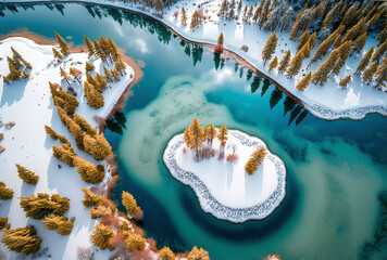 aerial picture of the wintertime scenery in the Chinese region of Xinjiang's Kanas Lake. Generative AI - obrazy, fototapety, plakaty
