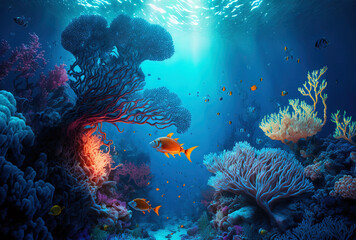 Underwater coral reef, sea coral lagoon, and ocean ecology. Generative AI