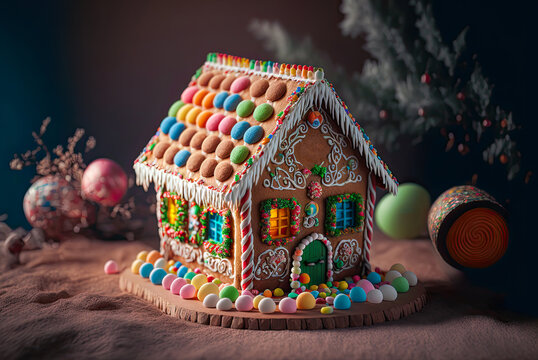 Colorful gingerbread house. Generative AI