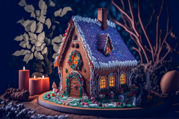 Fototapeta na wymiar Gingerbread house, candles. Generative AI