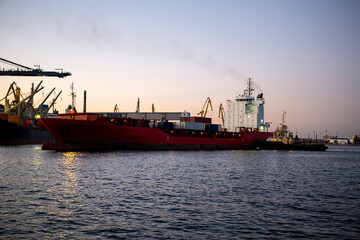 Fototapeta premium Vessel dry cargo on loading, unloading in port. Bulker in port.