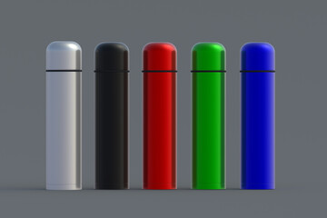Row of thermoses of different colors on dark background. Metallic thermo flasks. 3d rendering