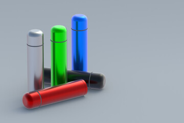 Thermoses of different colors on gray background. Metallic thermo flasks. Space for text. 3d rendering