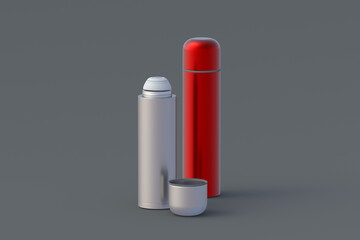 Thermoses on gray background. Metallic thermo flasks. 3d rendering