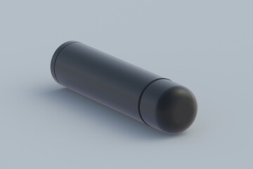 Black thermos on gray background. Metallic thermo flask. 3d rendering