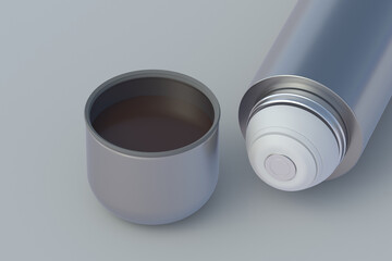 Thermos near cup with tea or coffee on gray background. Metallic thermo flask. 3d rendering