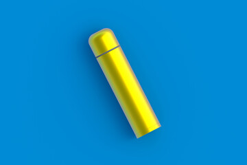 Thermos of golden color on blue background. Metallic thermo flask. Top view. 3d rendering