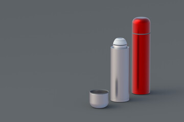 Thermoses on gray background. Metallic thermo flasks. Space for text. 3d rendering