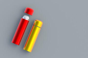Thermoses on gray background. Metallic thermo flasks. Space for text. Top view. 3d rendering