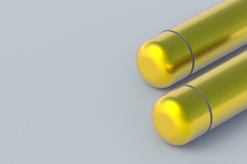 Golden thermoses on gray background. Metallic thermo flasks. Space for text. 3d rendering