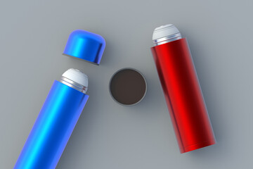 Thermoses on gray background. Metallic thermo flasks. Top view. 3d rendering