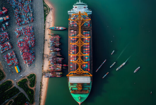 Aerial image of the Cat Lai port in Ho Chi Minh City, Vietnam, on June 1, 2022, showing a cargo ship and a container. Large import export port vital to Ho Chi Minh City's economic growth. Generative