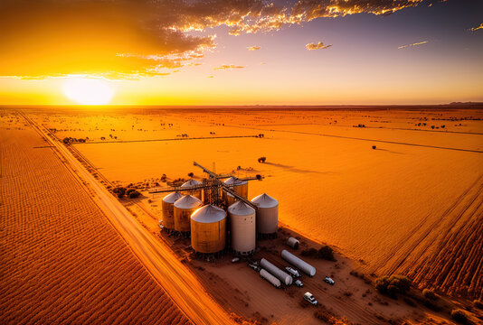 Drone aerial image shows grain storage and drying facilities for wheat, maize, soy, and sunflowers against a golden sky and rice fields. Generative AI