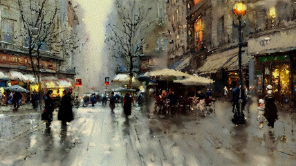 Obraz premium Watercolor paintings landscape, people walking in the city, people walking on the street, view of the town