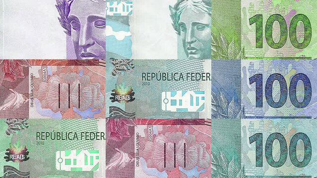 Brazil Real 100 BRL banknotes abstract color loop pattern. Brazilian bank note concept of currency, finance and economy. Looped and seamless design background.