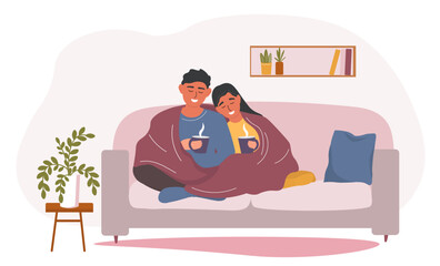 Obraz premium The couple is sitting on the sofa under blanket with a hot drink in their hands. A guy and a girl are resting at home, warming up with tea and coffee. Vector graphics.