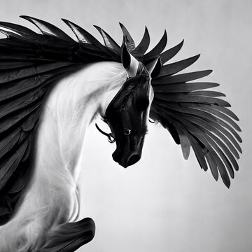 Winged horse, pegasus, white horse with black wings, unicorn