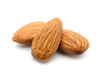 Few tasty almonds on white background