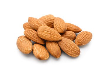Pile of tasty almonds on white background