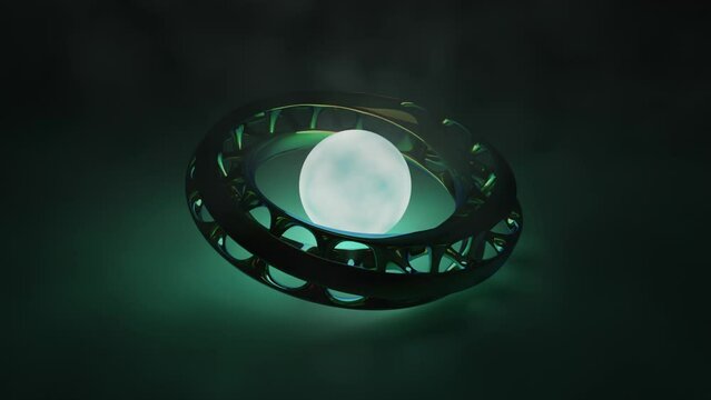 Loop 3d animation of an abstract figure and a shining sphere. A futuristic Mobius strip rotates in the glow of a white ball. Futuristic design, fantasy.