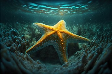 Sea stars are ancient marine animals. Decoration of the depth of the seabed. Underwater nature, sun rays through the water. Ocean floor. AI