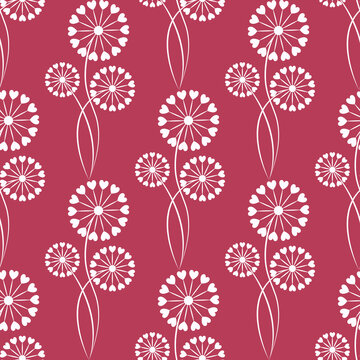 Seamless pattern of dandelions of hearts, on isolated magenta background. Design for Valentine’s Day, Wedding, Mother’s day celebration, greeting cards, invitations, scrapbooking, home decoration.